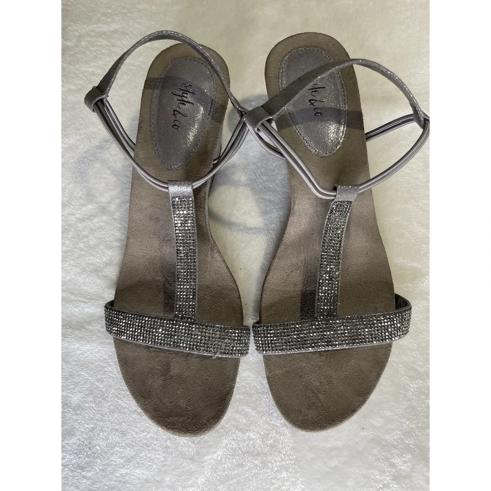 Style & Co Mulan 2 Embellished Evening Wedge Sandals Size 9W Silver Gray Sparkle